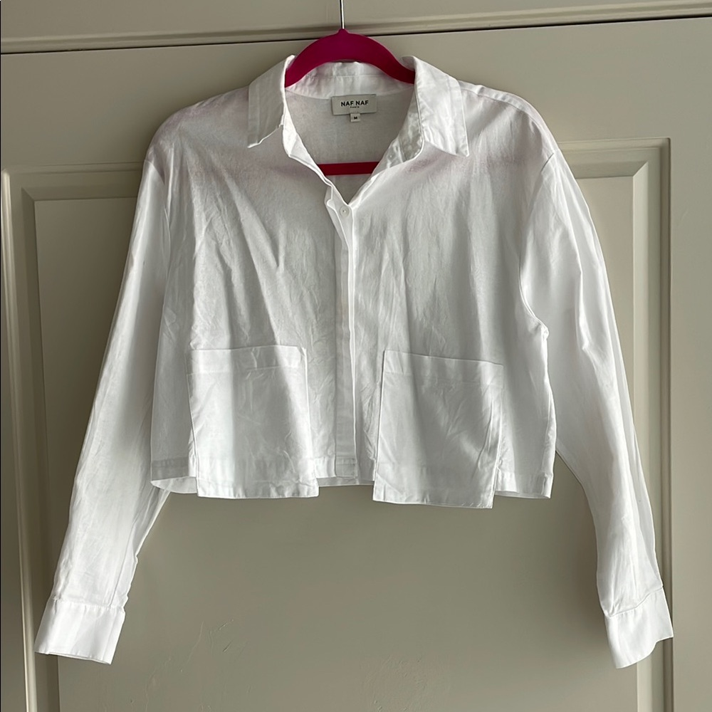 White Linen Cropped Button-Up Shirt